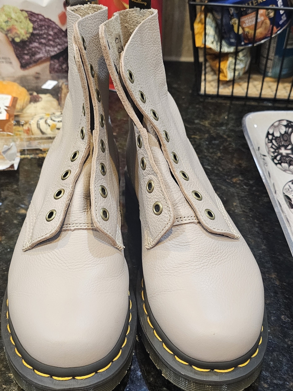 Dr. Martens Cream Leather Lace-Up Boots with Yellow Stitching